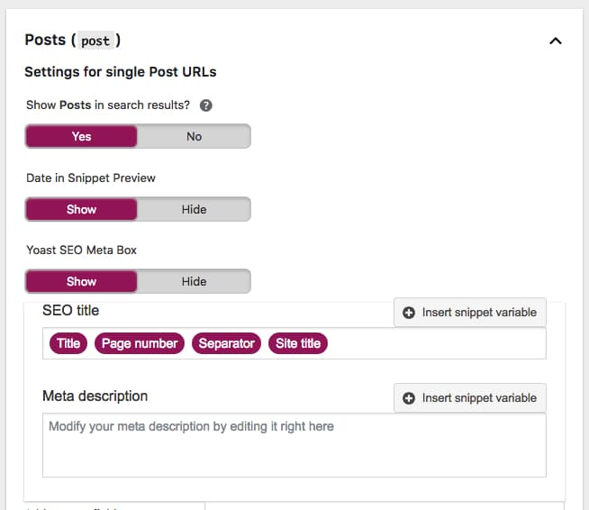 search appearance snippet variables for posts