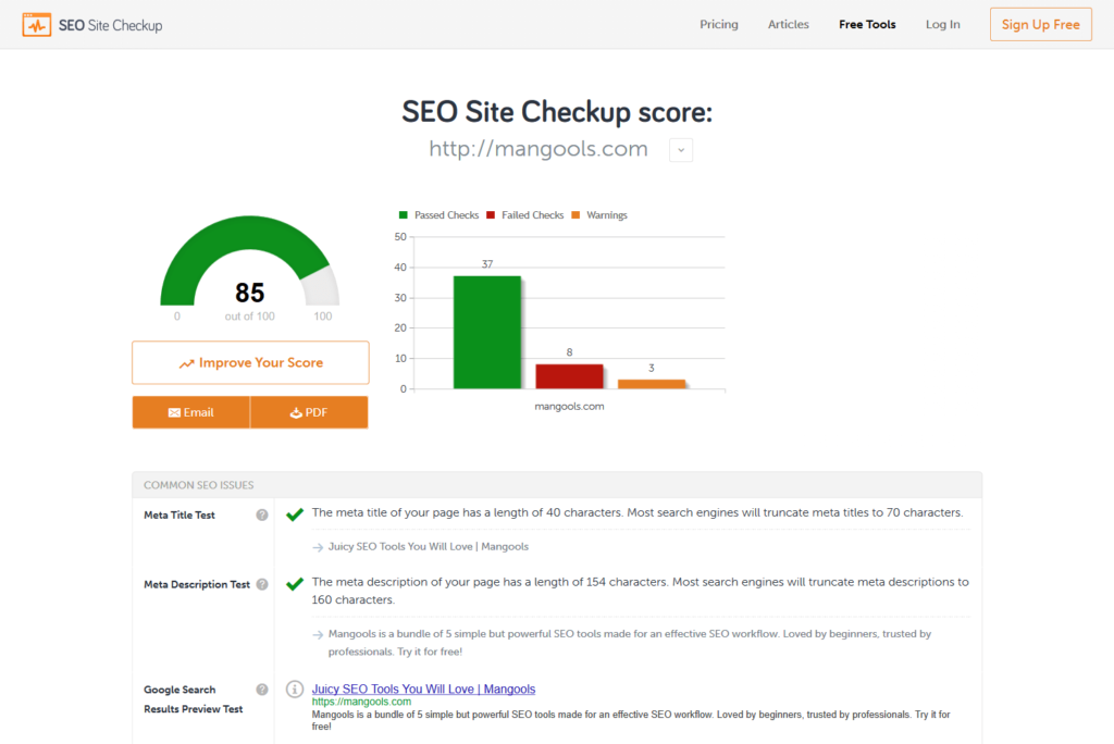 SEO sitecheckup tool